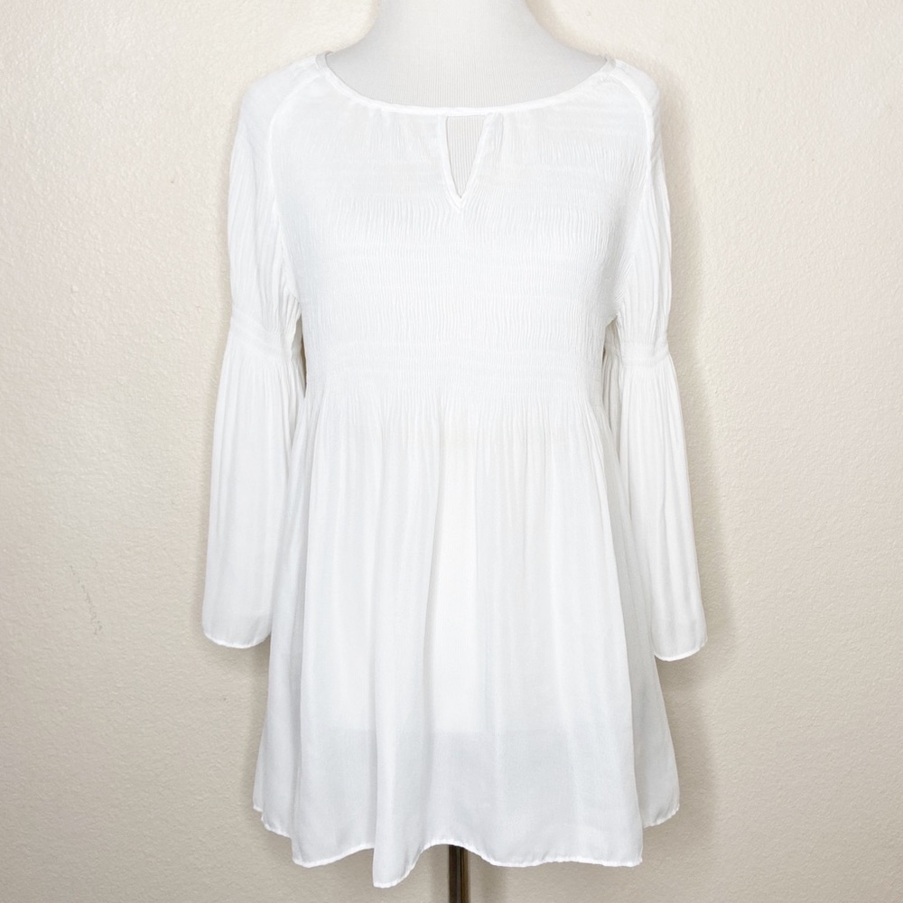 NEW Spense Petite Smocked White Bell Sleeve Blouse